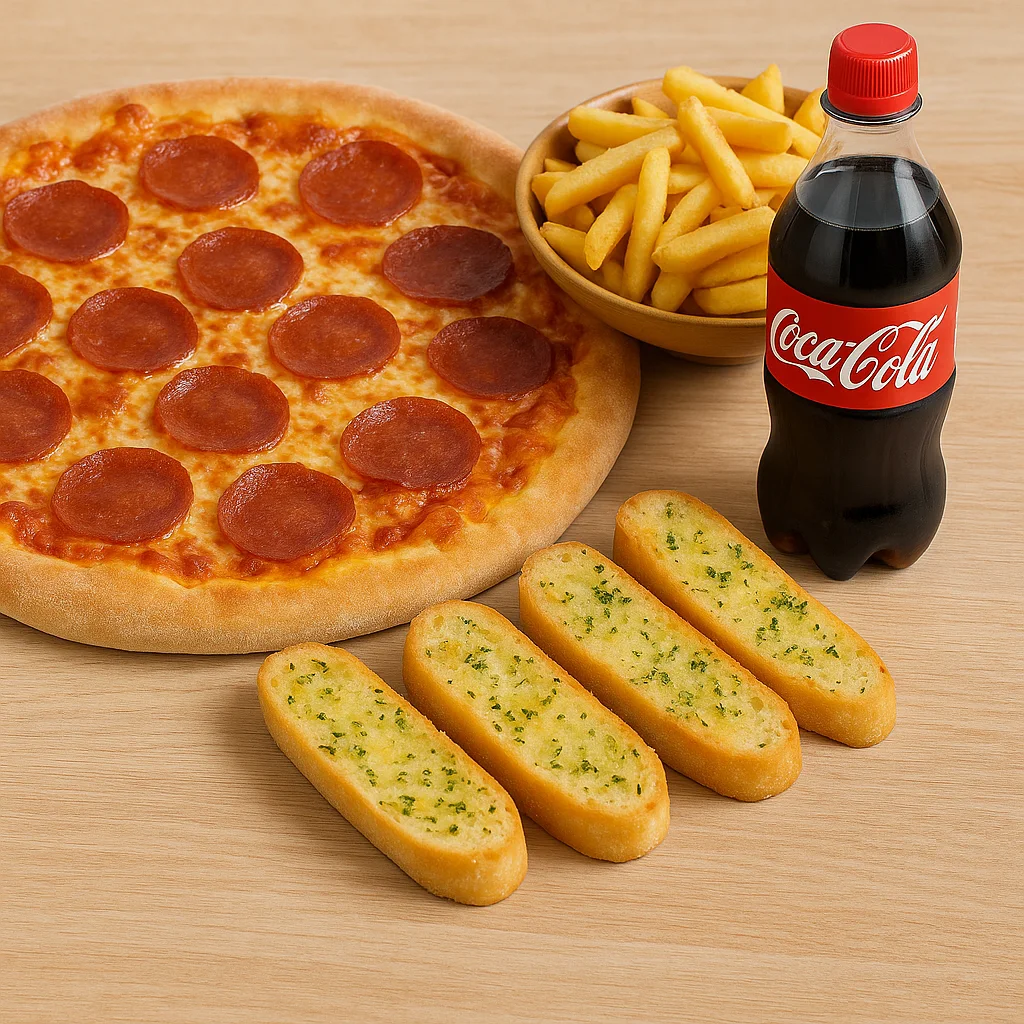 Any 15" Pizza, Garlic Bread (4pcs) or Large Fries & 1 Bottle of Drink - Meal Deal